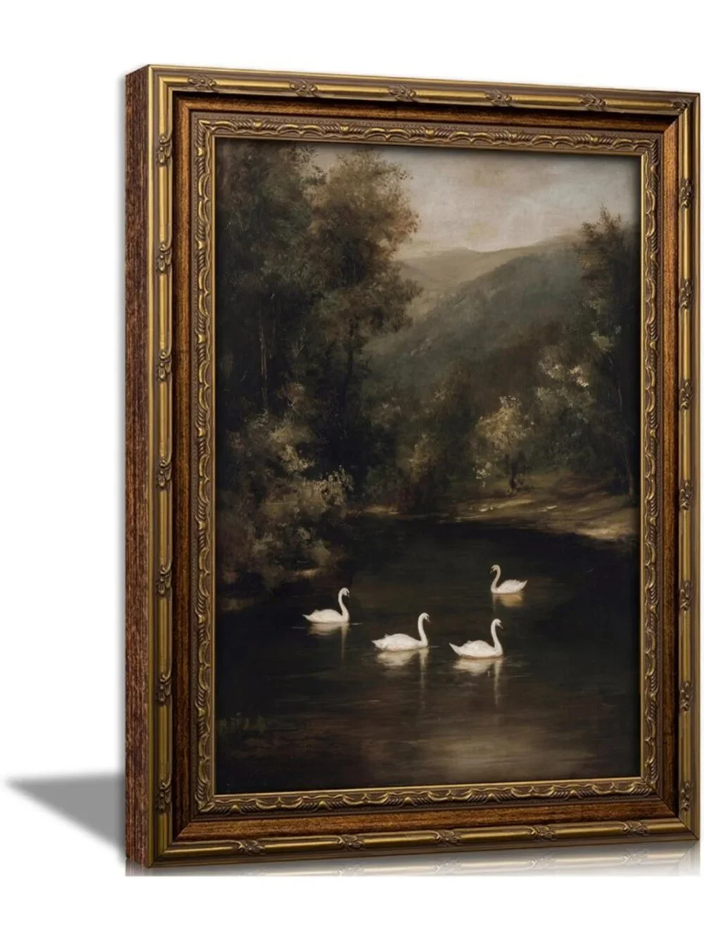 Vintage Gold Framed Swan Wall Art | Moody Lake Canvas Print, Rustic Home Decor